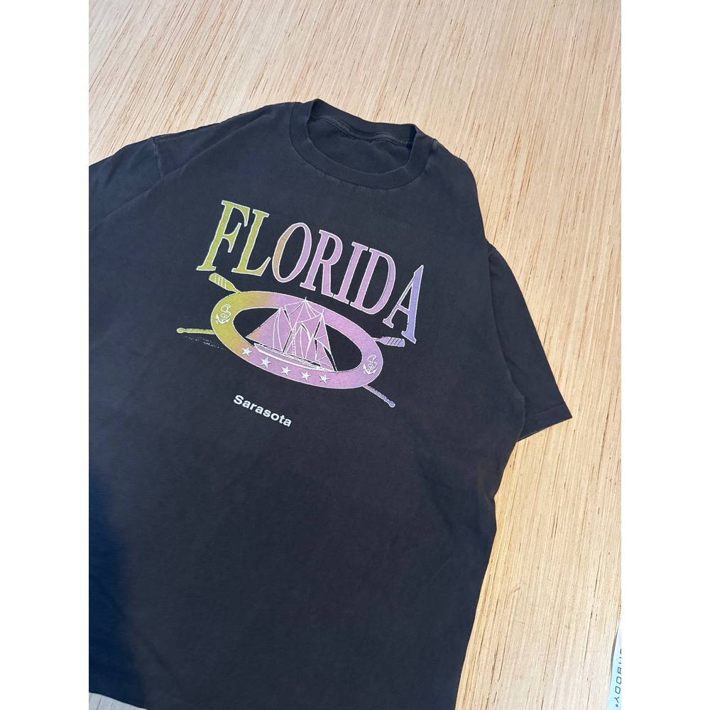 Vintage Florida Sarasota Graphic T-Shirt Mens Large Faded Black Sailboat Oars 38